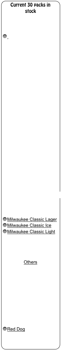 Current 30 packs in stock

Anheuser Busch Products

 Budweiser
Bud Light
Bud Select
Bud Light Lime
Bud Ice
Busch
Busch Light
IC Light
Iron City
Michelob Lager
Michelob Light
Michelob Ultra
Natural Ice
Natural Light

Miller-Coors Products

Coors Original
Coors Light
Coors Extra Gold
Keystone Light
Keystone Ice
Miller Lite
Miller High Life
Miller High Life Light
Miler Geniune Draft
Miller Genuine Draft Light
Milwaukee’s Best
Milwaukee’s Best Ice
Milwaukee’s Best Light
Milwaukee Classic Lager
Milwaukee Classic Ice
Milwaukee Classic Light
Molson Canadian
Molson Canadian Light
Molson Golden

Others

Genesee
Genesee Light
Genesee Cream Ale
Labatts Blue
Labatts Blue Light
Old Milwaukee 
Old Milwaukee Light
Pabst Blue Ribbon 
Pabst Blue Ribbon Light
Red Dog
Strohs
Strohs Light